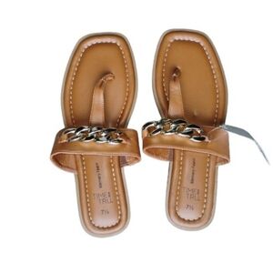 NWT Cognac Chain‑Hardware Square‑Toe Slide Sandals – Size 7.5